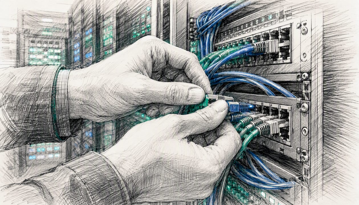 Engineer adjusting cables in AI operations data center