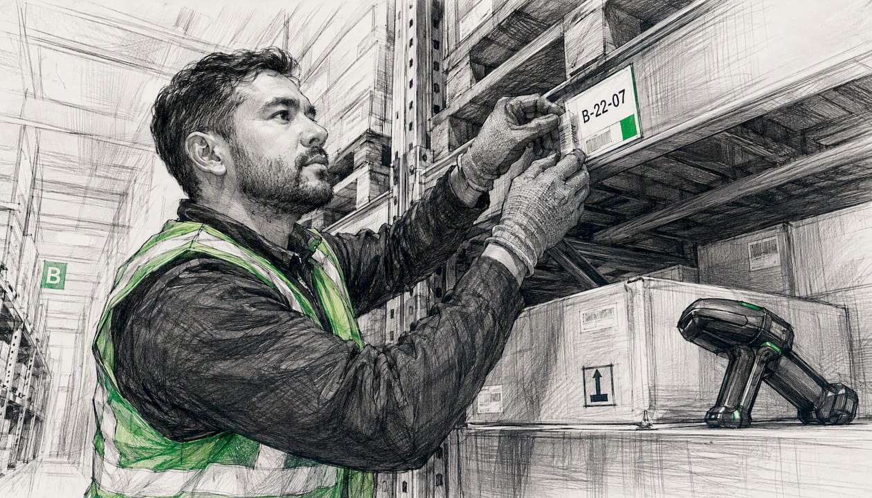 Warehouse worker placing slotting labels on racks