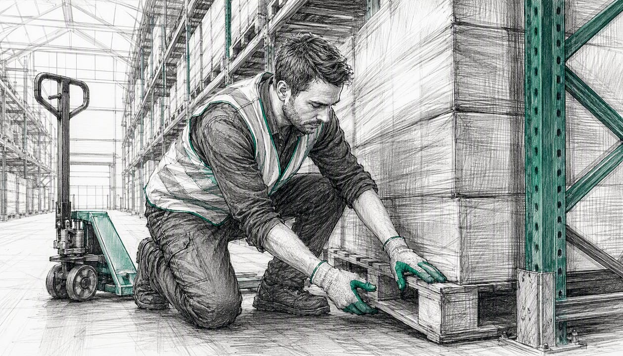 Worker moving heavy pallet onto low shelf