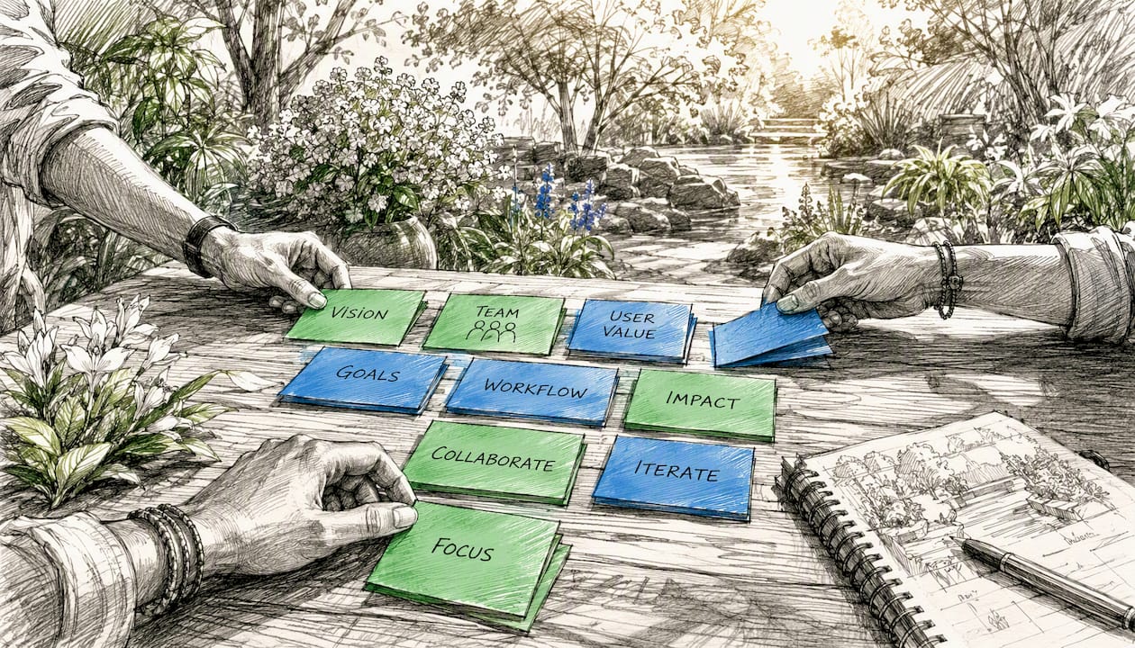 Hands arranging kanban cards to frame problem