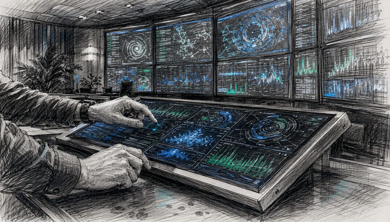 Engineer hands adjusting control panel with telemetry screens