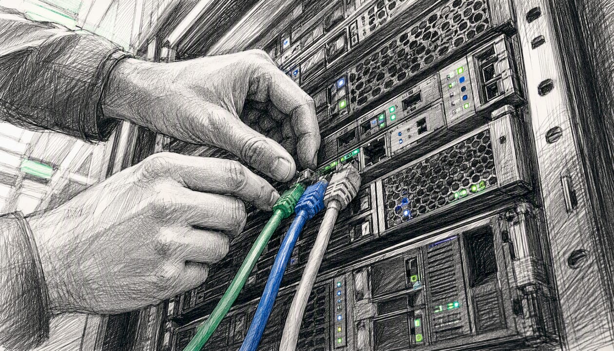 Technician hands wiring server rack cables