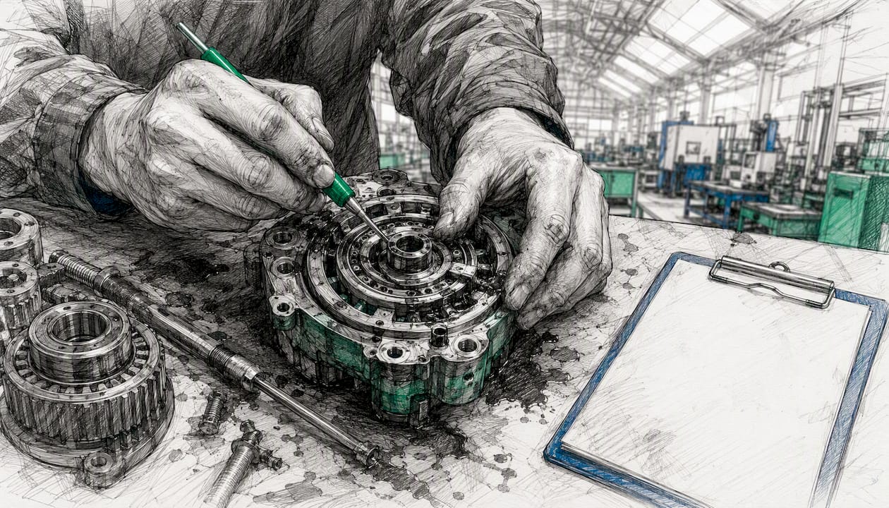 Technician inspecting machine component for root cause analysis
