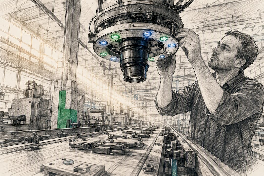 Technician adjusting camera lighting in factory