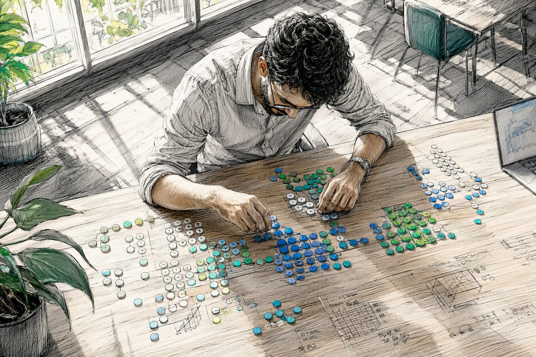 Hands arranging data tokens for feature engineering