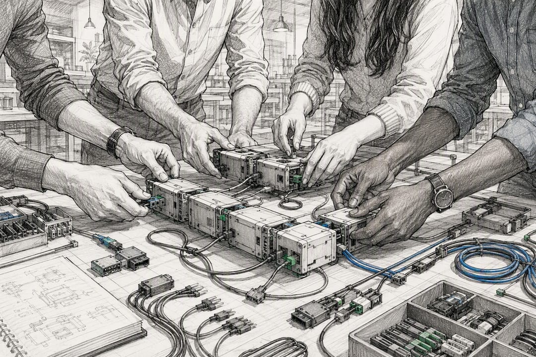 Hands connecting components symbolizing AI fraud detection pipeline