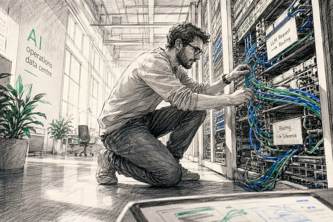 Engineer tracing cables in AI data center