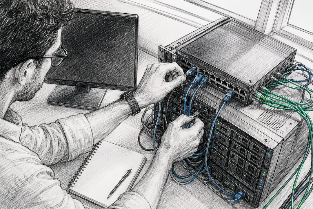 Hands adjusting network devices for AI retrieval systems