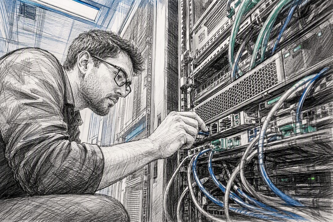 Engineer adjusting server hardware in data storage room