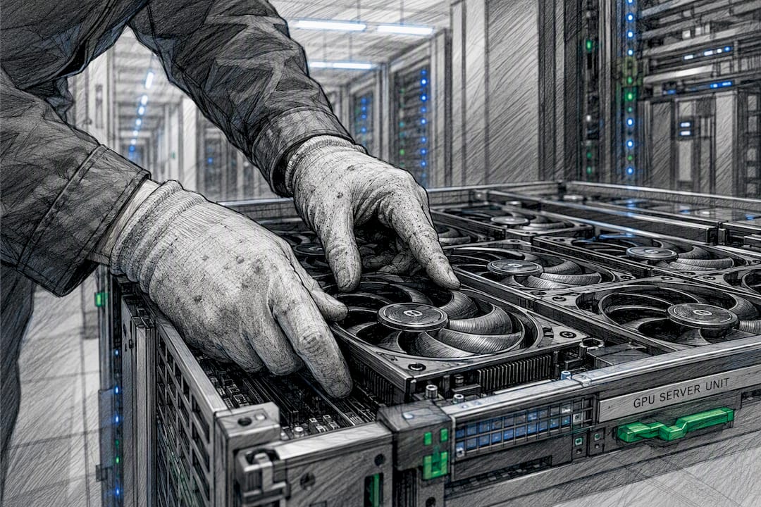 Technician inspecting GPU cooling fan in server rack