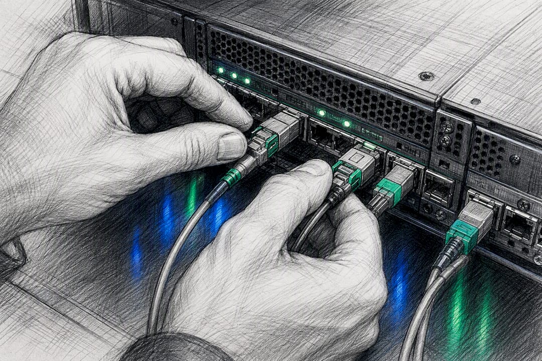 Hands adjusting network event router connections