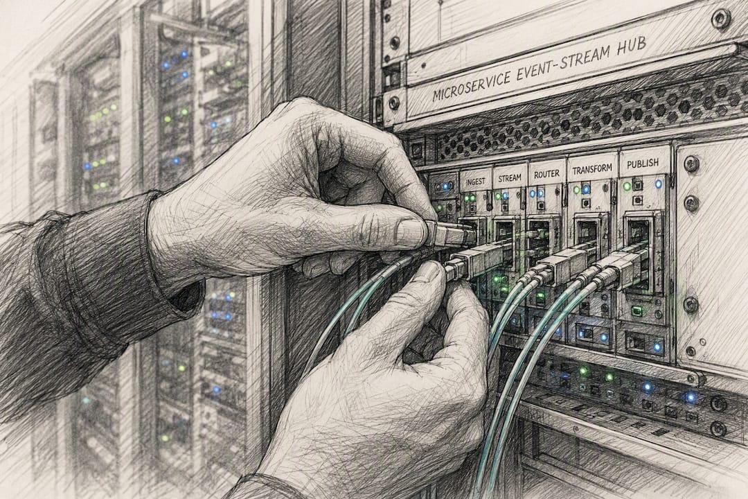 Hands connecting fiber optic cables to microservice hub
