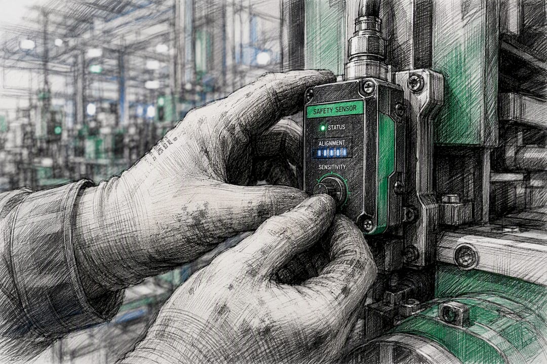 Technician hands adjusting safety-critical AI sensor device