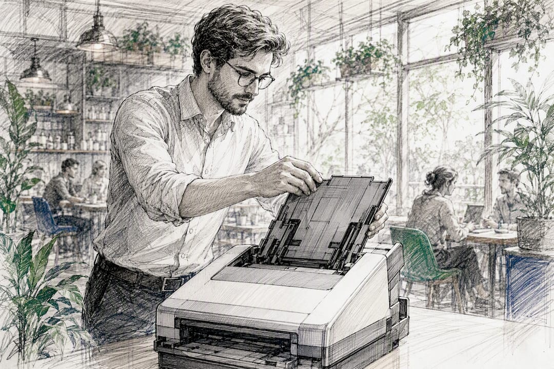 Hands operating document scanner in office