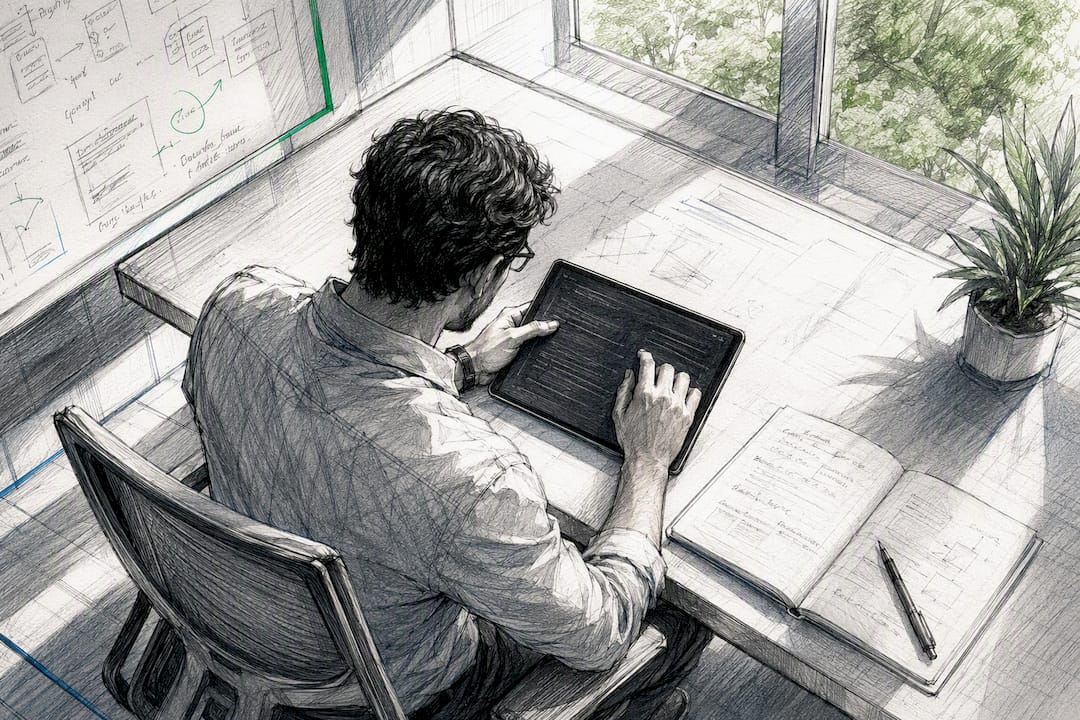 Engineer curating retrieved text on tablet