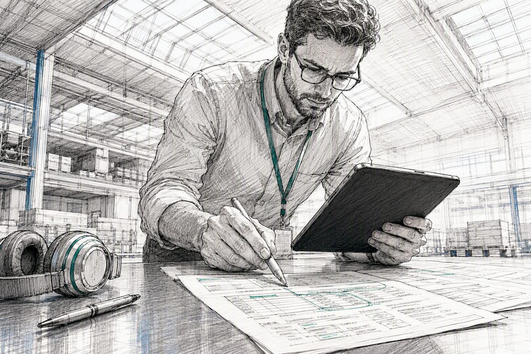 Engineer manually extracting document data on tablet