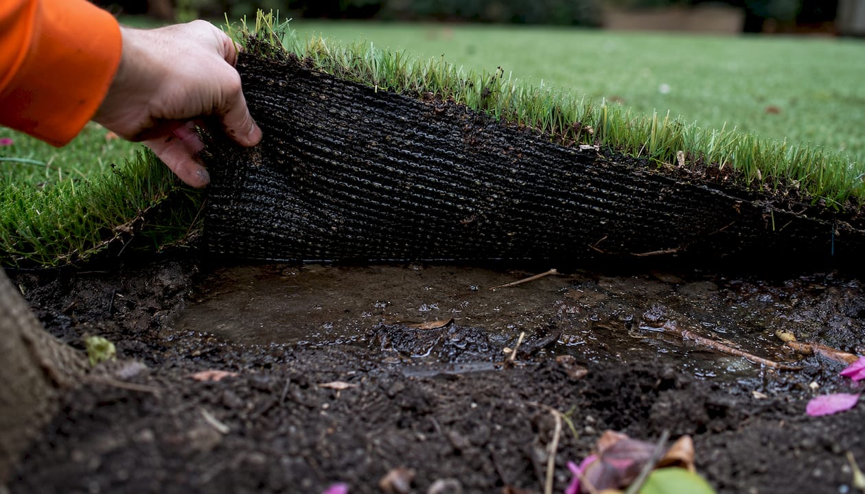 Close-up of artificial grass with poor drainage and moisture