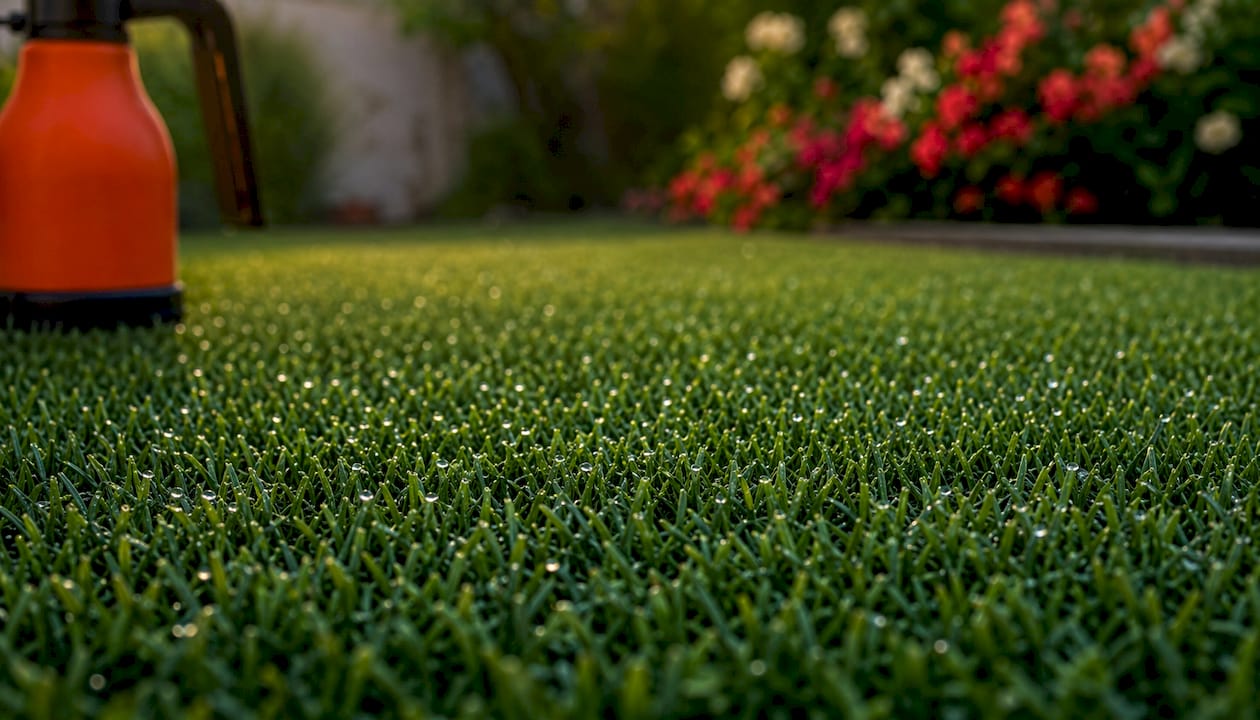 Close-up of enzyme cleaner droplets on artificial grass