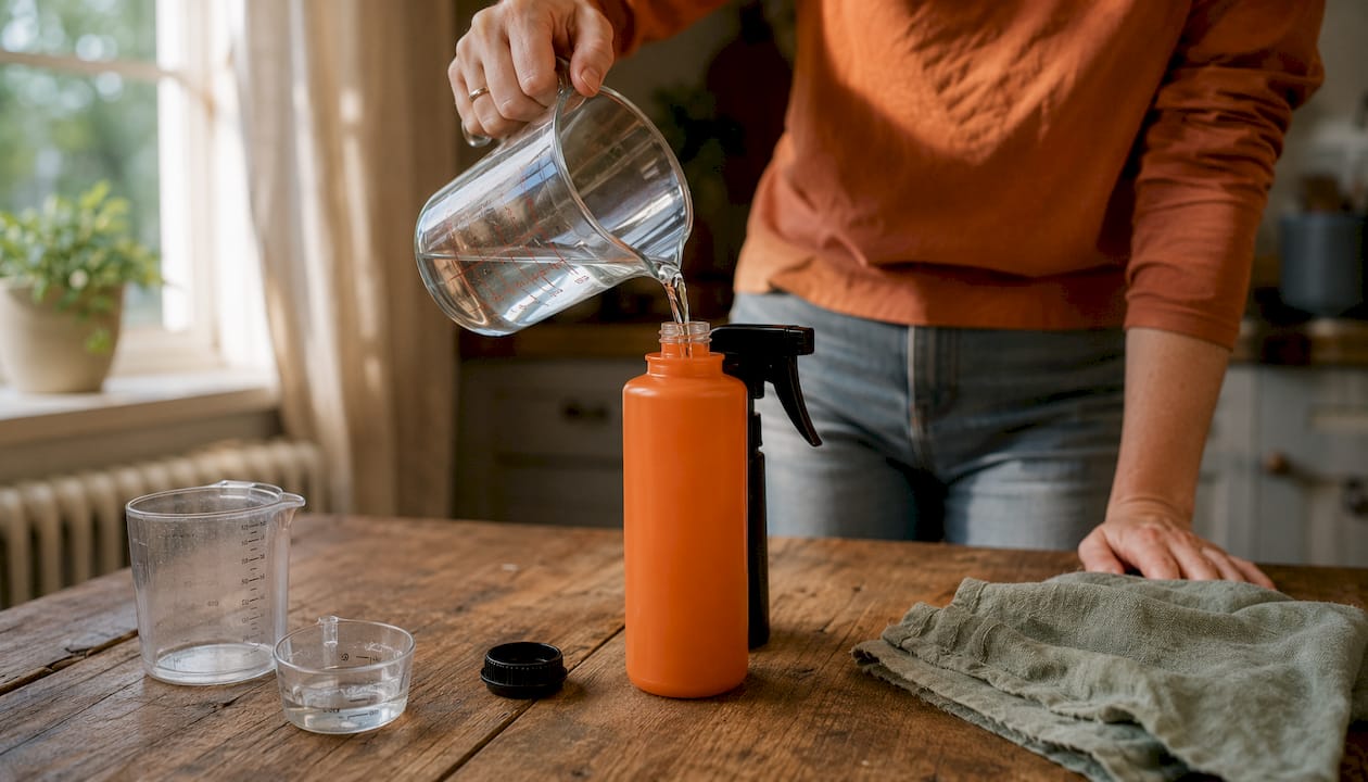 Pouring lukewarm water to prepare enzyme cleaner