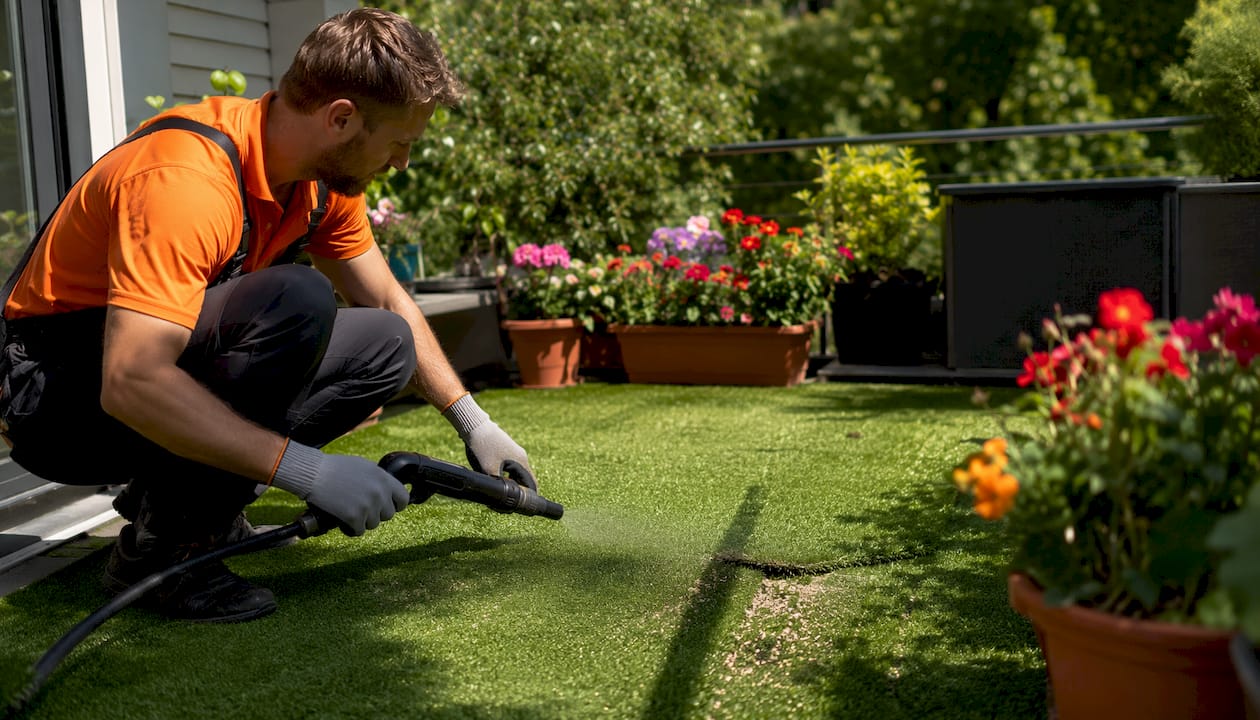Close-up showing pressure washer near artificial turf damage