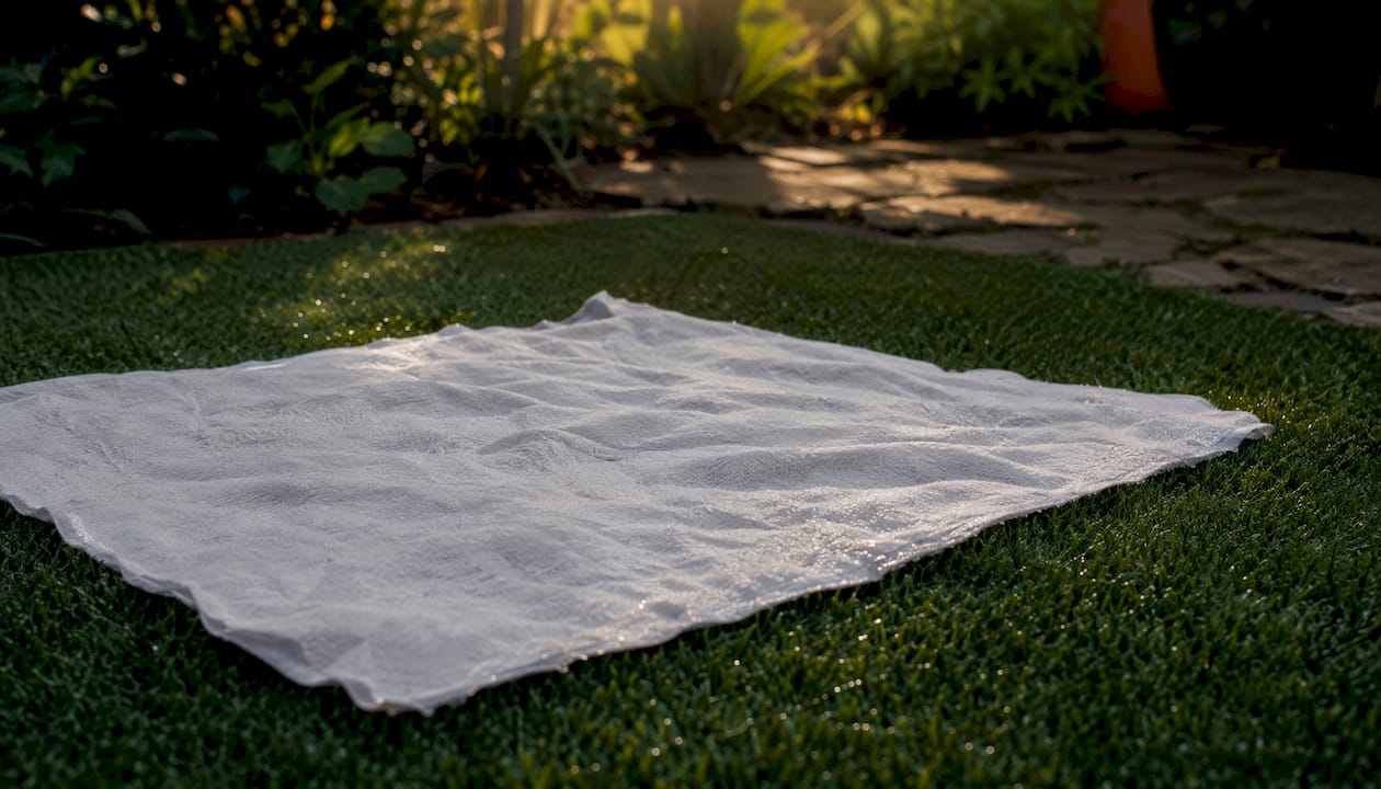 Damp cloth covering artificial grass patch
