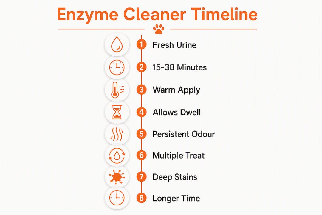 Infographic showing enzyme cleaner reaction timeline steps
