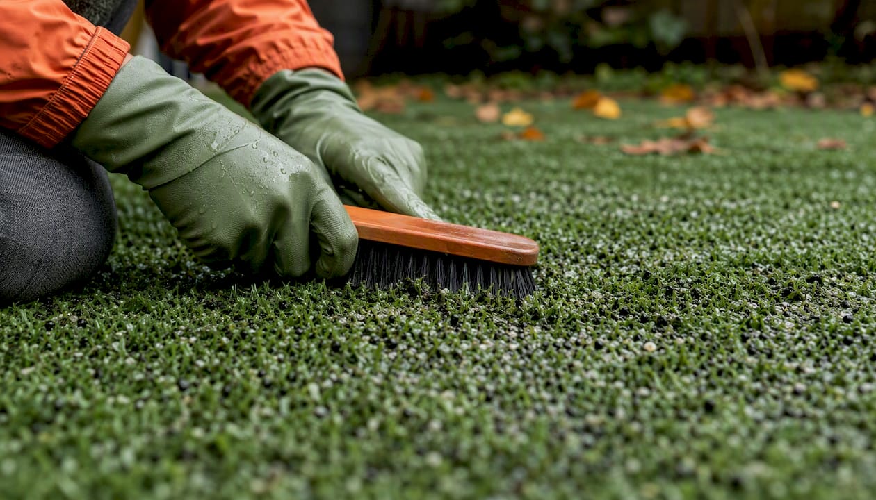 Close-up of brushing artificial turf fibers