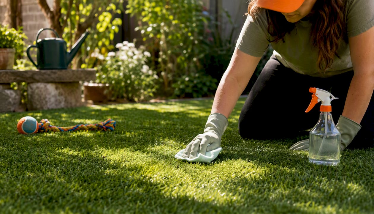 Hands cleaning artificial grass near patio with enzyme cleaner