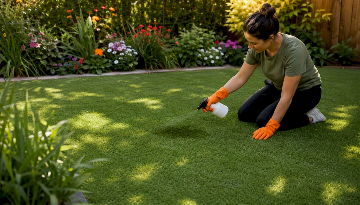 Close-up cleaning enzyme spray on artificial turf stain