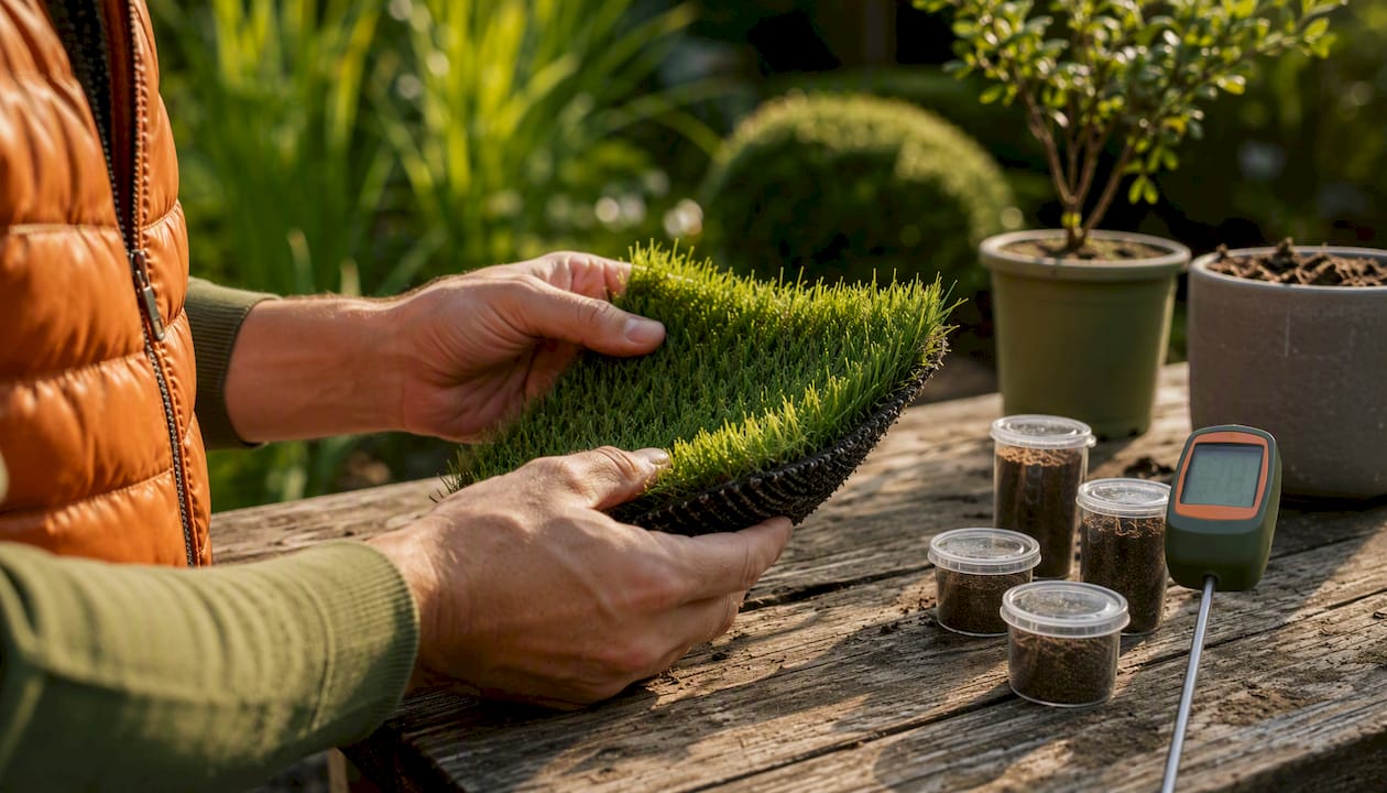 Hands inspecting artificial grass texture and microbes