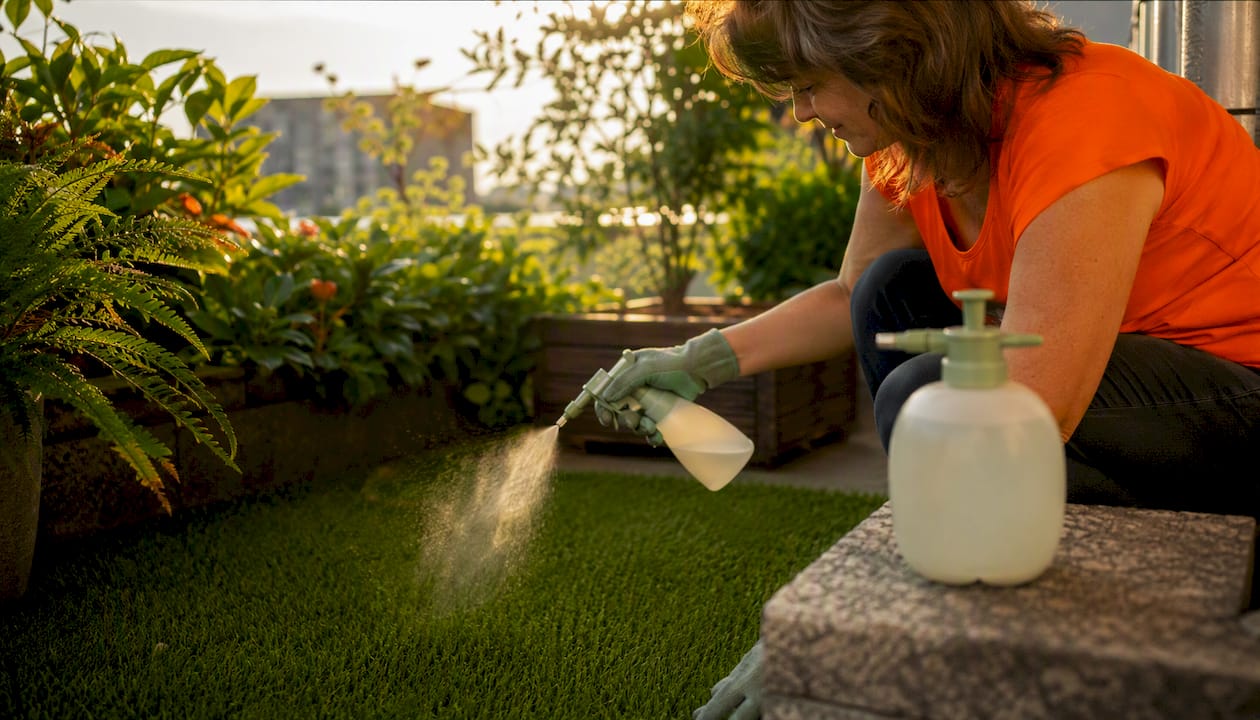 Gardener spraying enzyme cleaner on turf