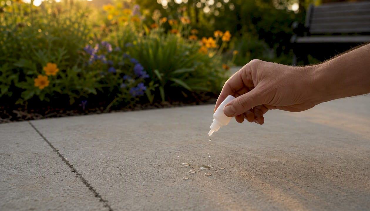 Hand performing water bead test on concrete