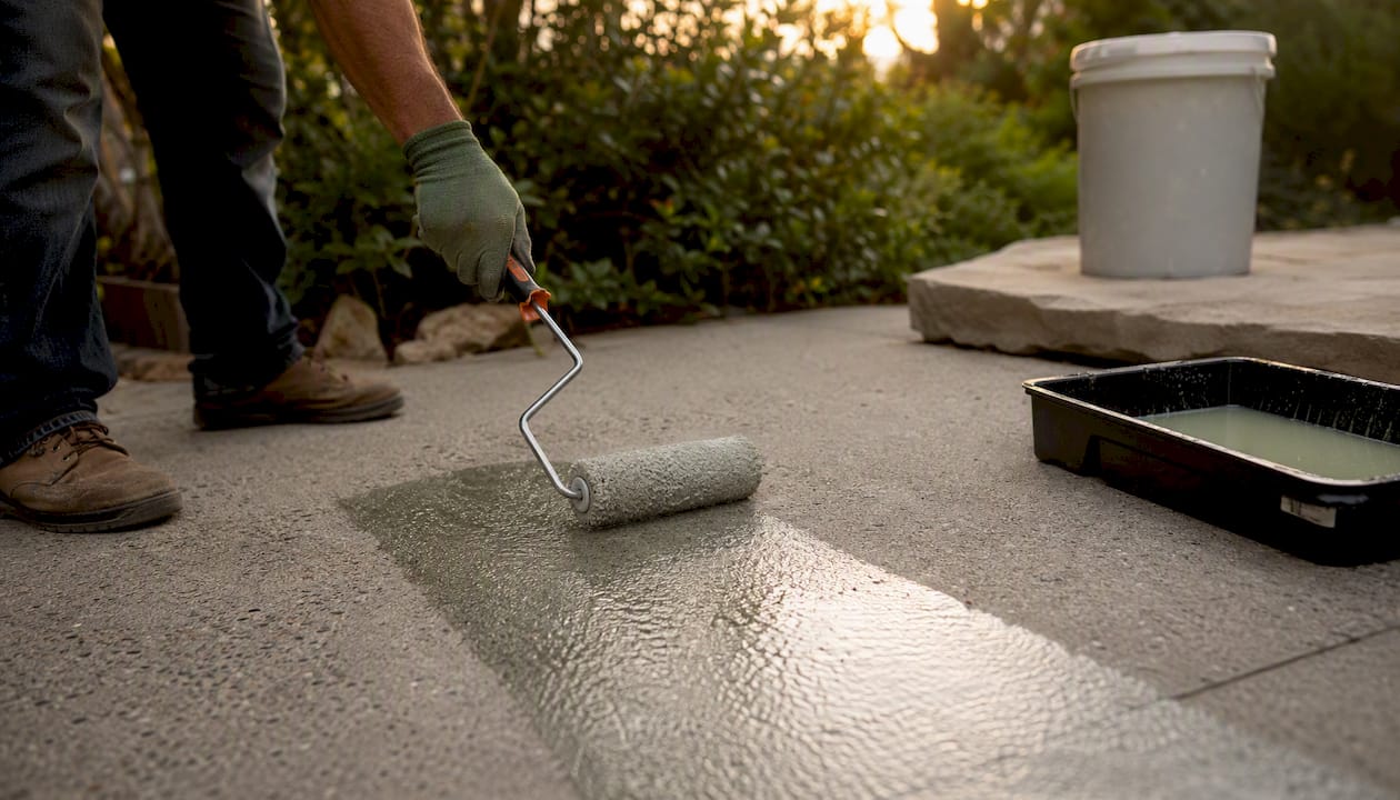 Hand rolling concrete sealer on patio surface