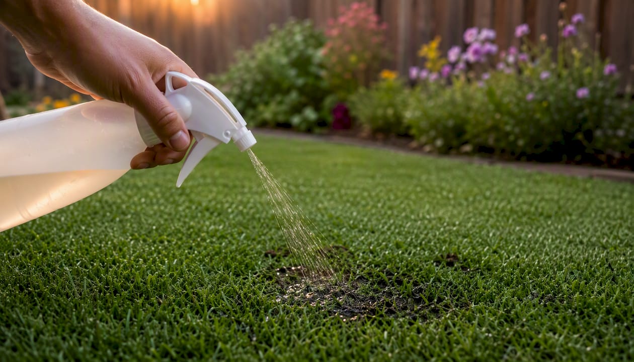 Pouring enzyme cleaner onto artificial grass