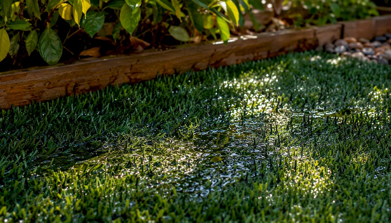 Pooling water on soggy artificial grass