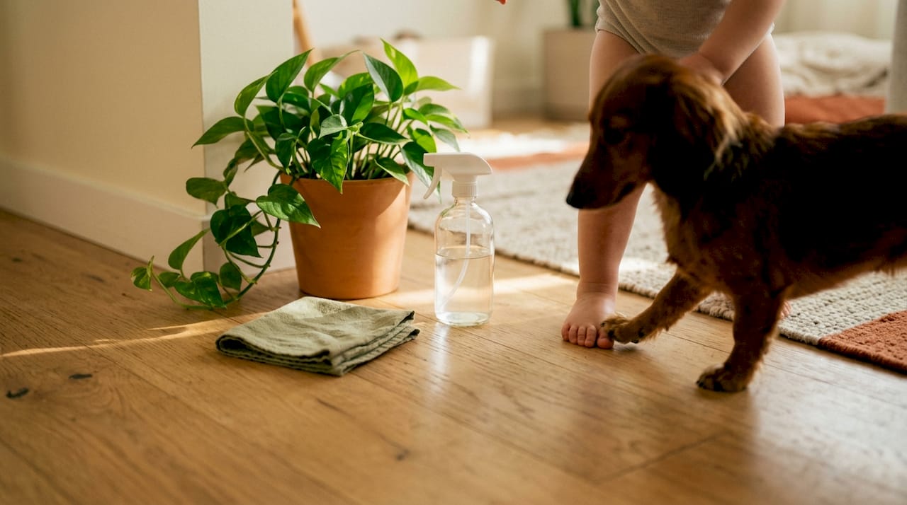 Child and dog feet on safe-cleaned rug area