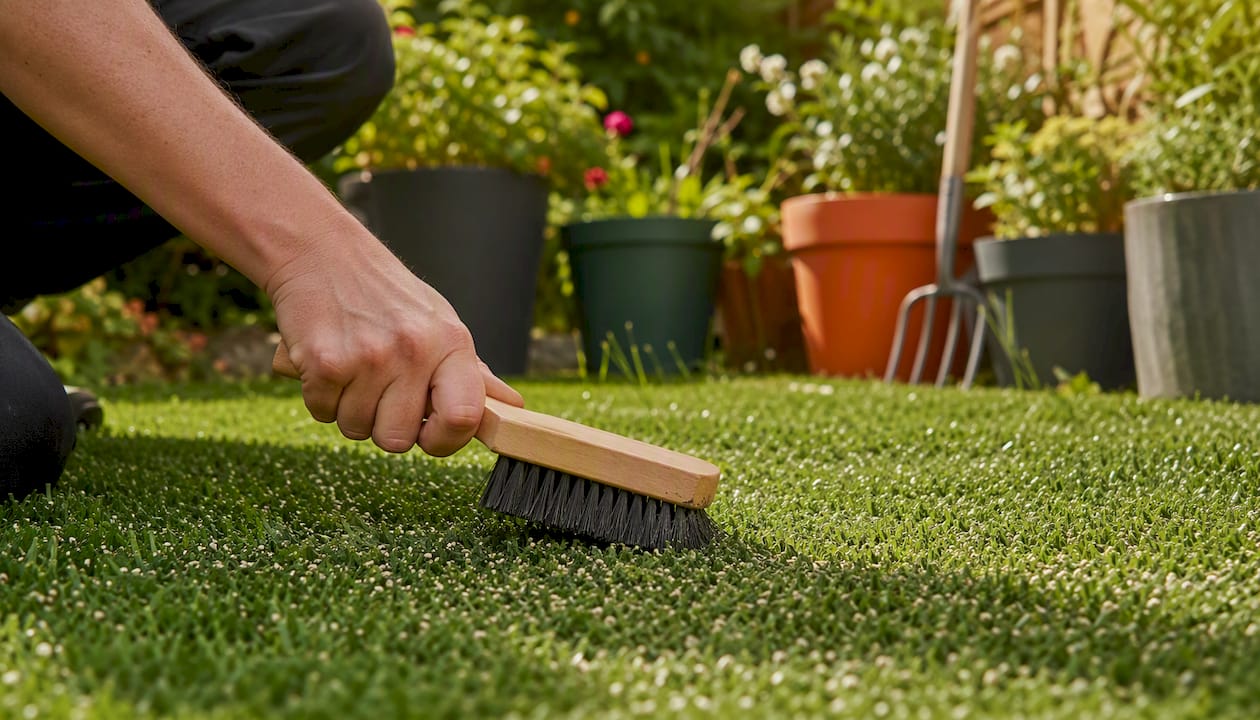 Hands brushing artificial grass infill to clean
