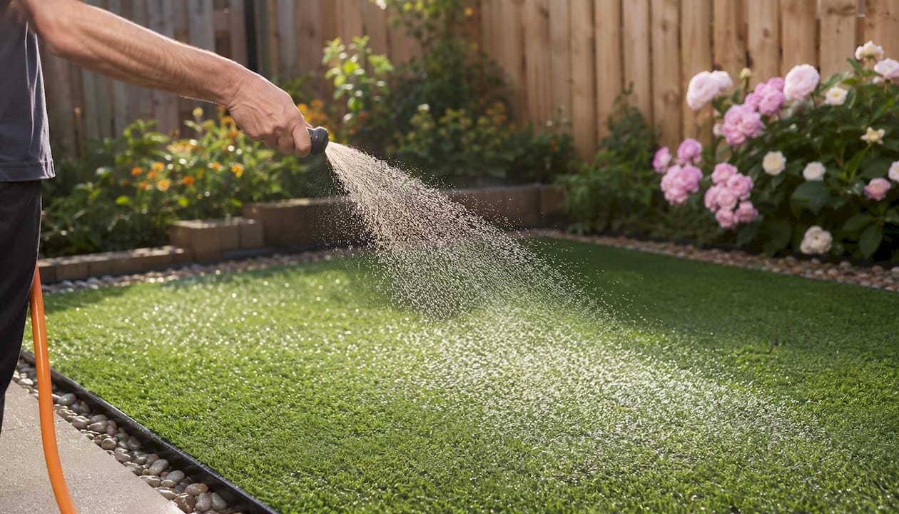Rinsing artificial grass with garden hose