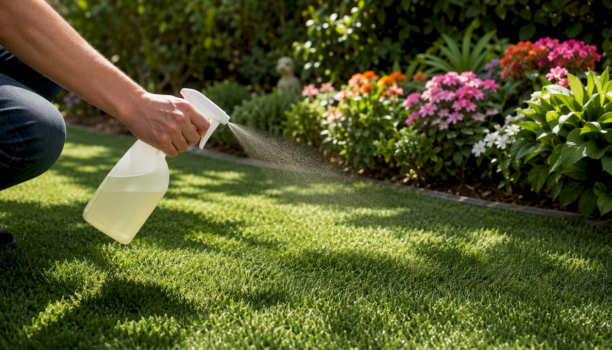 Hand spraying enzyme cleaner on artificial turf