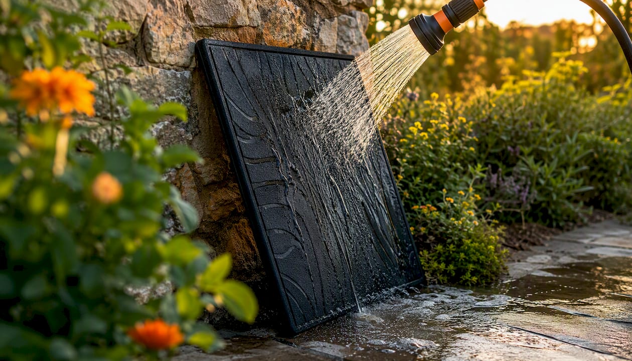 Synthetic doormat being rinsed with hose