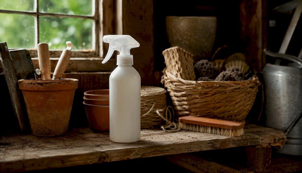 Enzymatic cleaner bottle stored in dark, cool cupboard