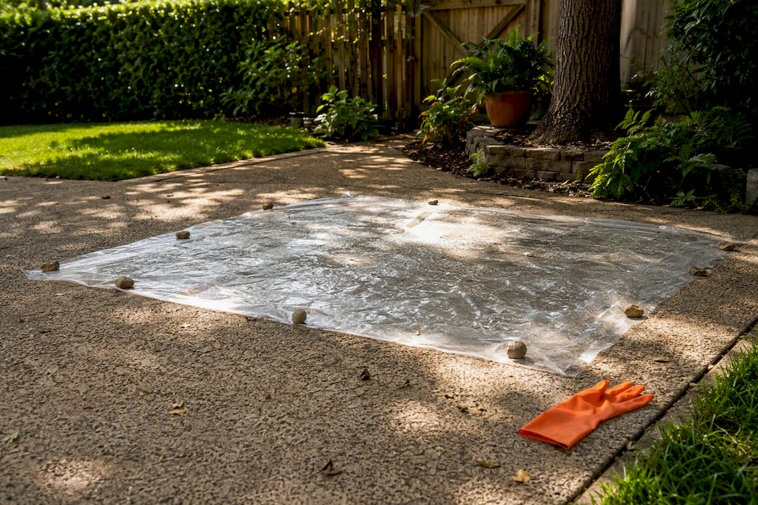 Plastic sheet covering driveway stain