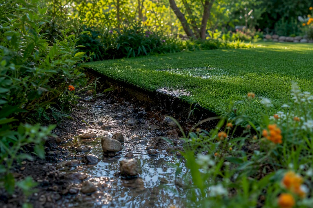 Garden soil with water runoff from turf