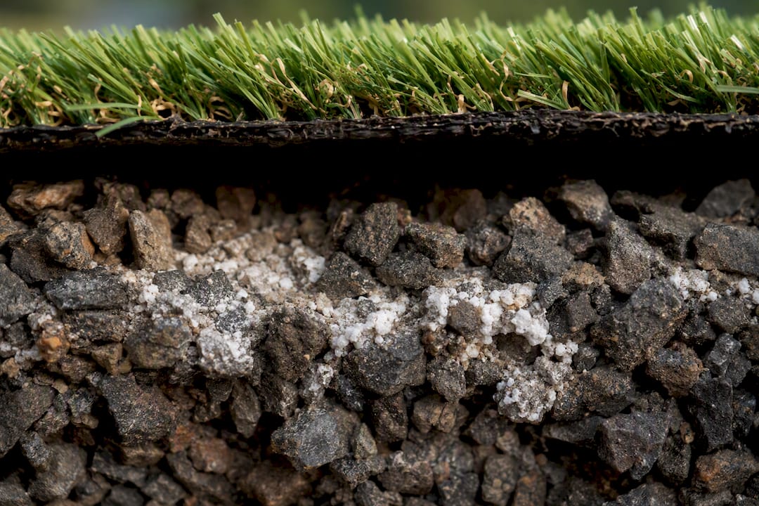 Uric acid crystals beneath artificial turf