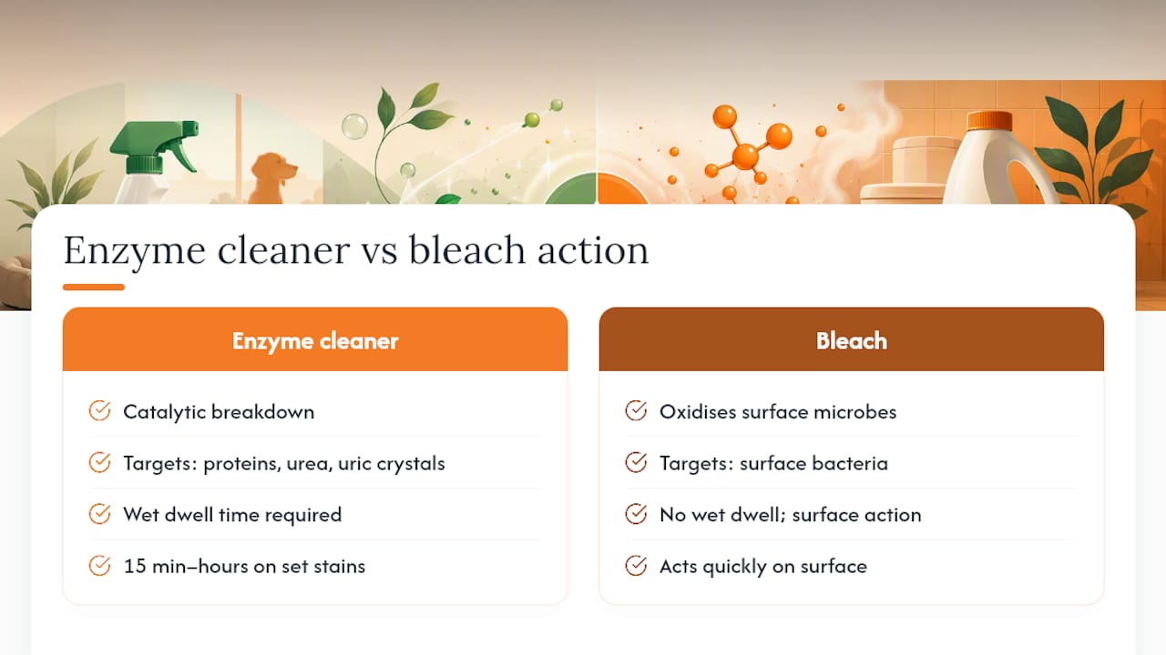 Diagram comparing enzyme cleaner action and bleach effects on urine odor