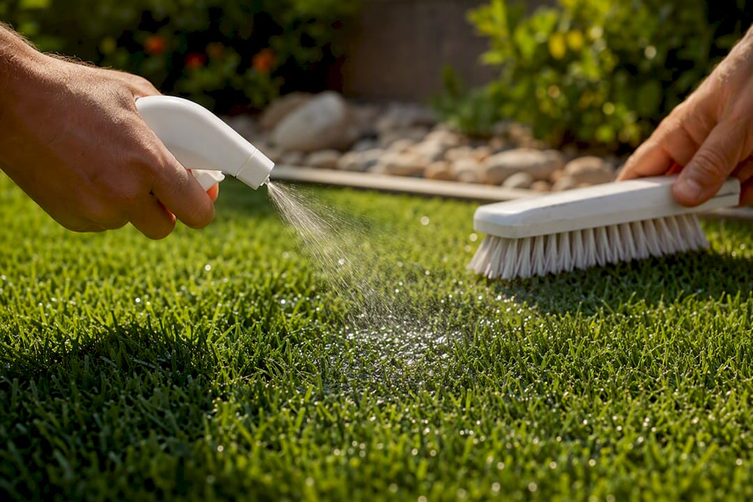 Hand spraying enzyme cleaner on artificial grass stain