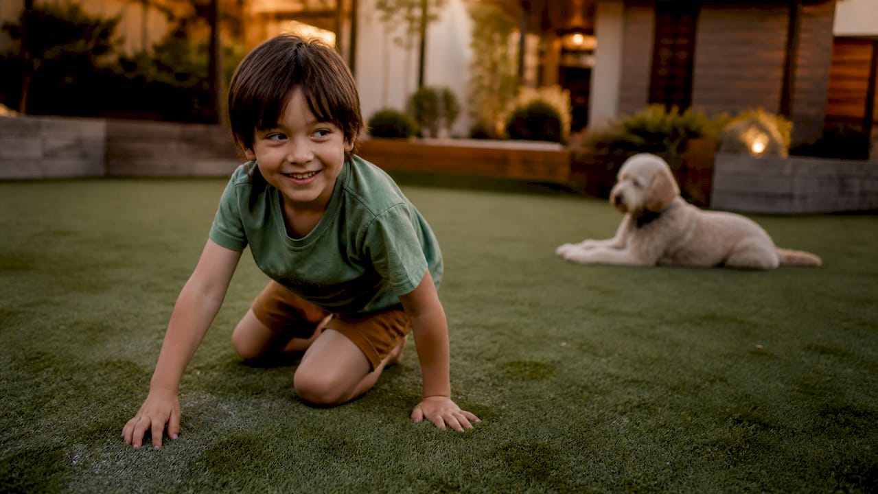 Child playing on synthetic grass near dog