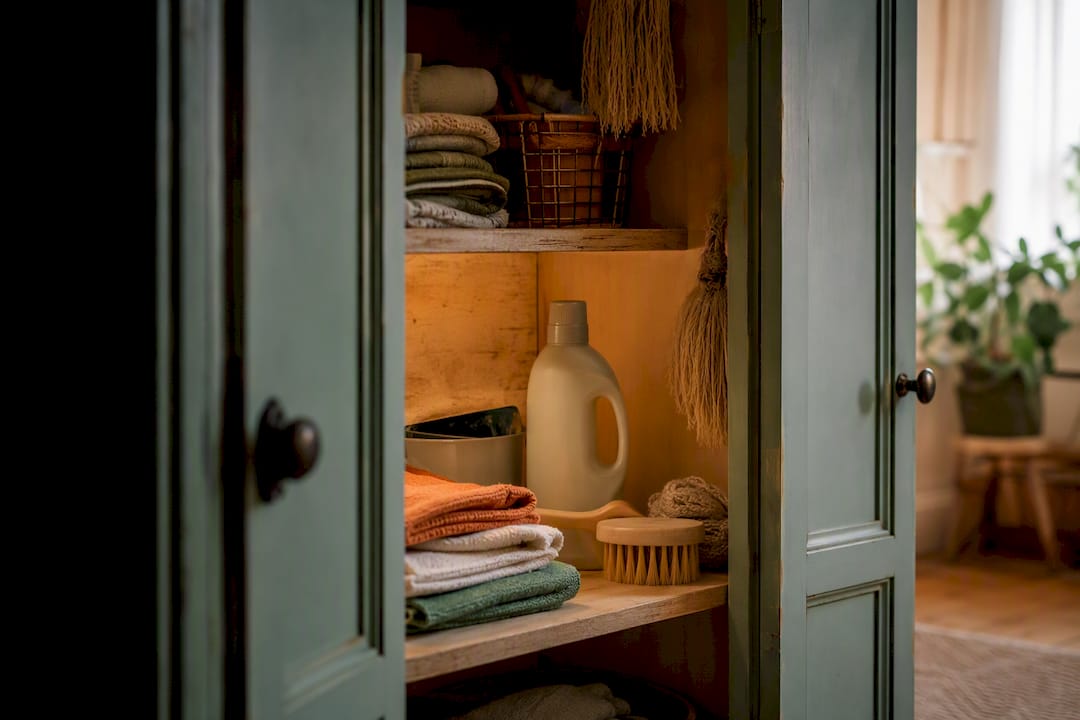 Enzyme cleaner bottle stored in dark cupboard