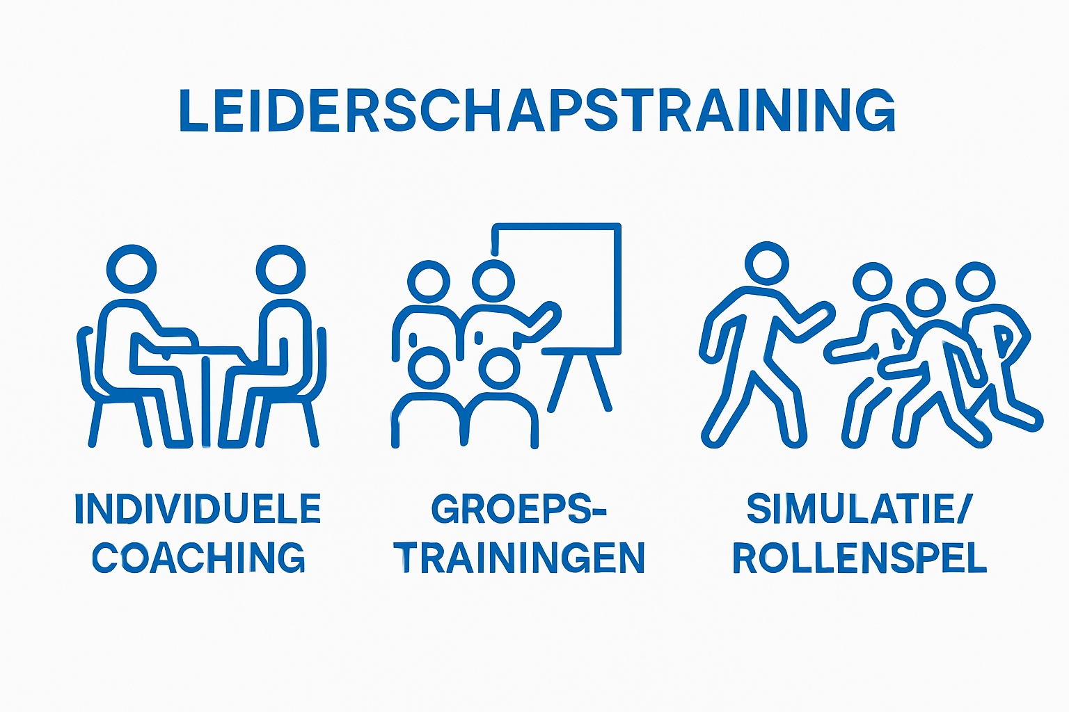 Infographic toont drie vormen leiderschapstraining met pictogrammen