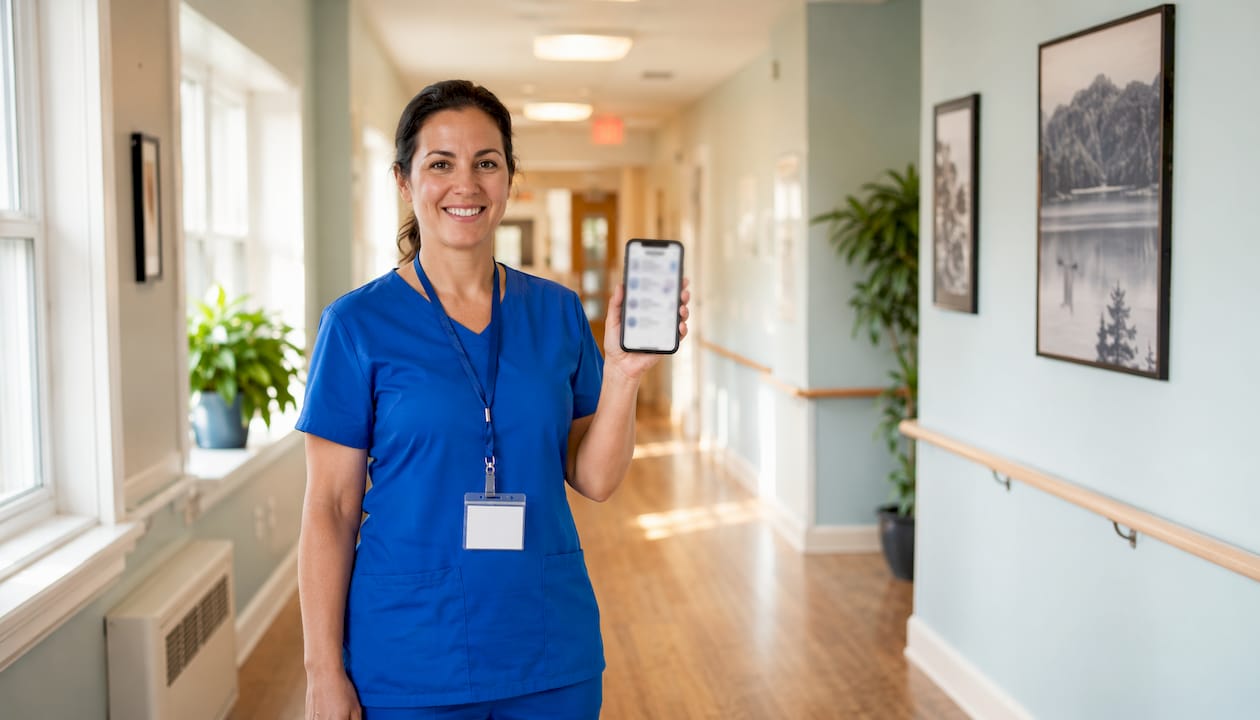 Healthcare worker using mobile equipment tracking app